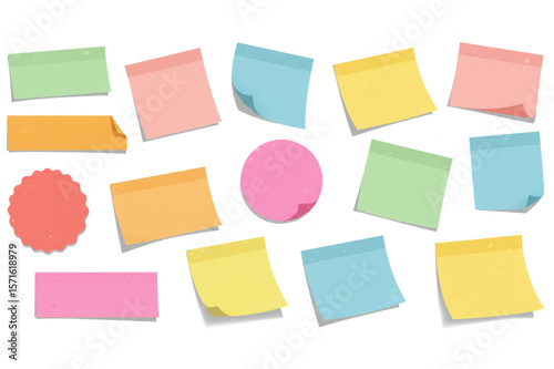Assorted adhesive notes in different shapes and colors create a cheerful visual, perfect for reminders, lists, or brainstorming graphic concepts.