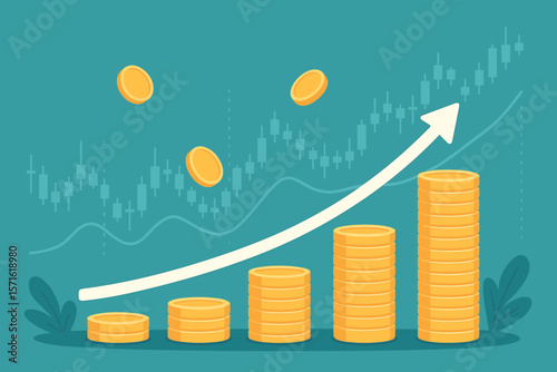 Business investment and financial growth concept with stacks of coins. Rising arrow on stock market graph. Success, profit, income, savings, wealth, and currency trading.
