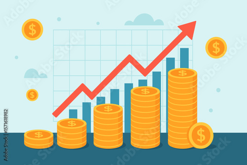 Investment and business growth concept with rows of coins on financial stock market graph. Red arrow up showing profit. Money savings and currency exchange background.