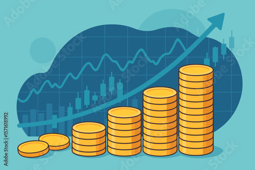 Investment and business concept. Stacks of coins for financial stock market graph. Money growth, currency exchange background. Profit, savings, trading, economy, success vector.