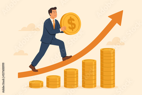 Investment growth, rising economic profit concept. Businessman carrying dollar coin climbing success arrow. Wealth increase, growing revenue, income, earning, and saving money.