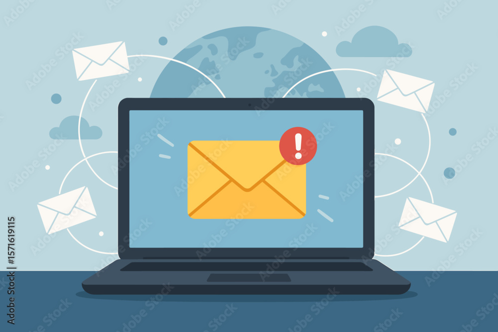 New email message notification on laptop screen. Inbox with exclamation mark alert. Online communication concept. Global network, newsletter, spam, mailing vector illustration.
