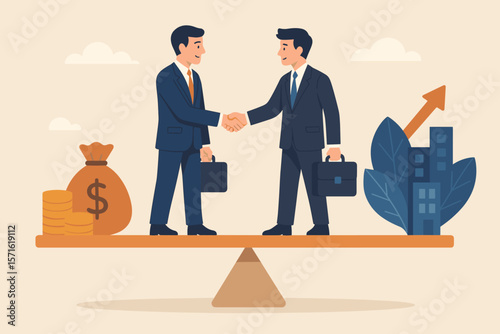 Business negotiation and partnership concept. Businessmen shaking hands on a balance scale. Successful agreement for merger or acquisition deal. Win-win balancing money and assets.