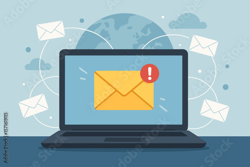 New email message notification on laptop screen. Inbox with exclamation mark alert. Online communication concept. Global network, newsletter, spam, mailing vector illustration.