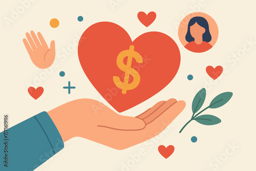 Charity donation and nonprofit fundraising concept. Hand holding heart with dollar sign. Volunteer giving money for support, community assistance, care and sharing love.