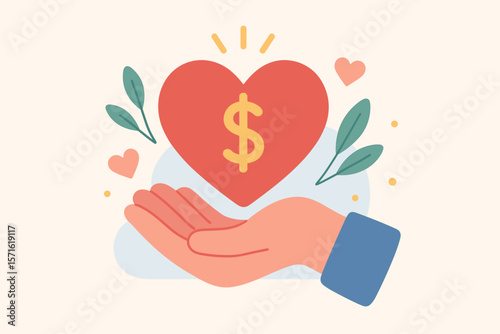 Nonprofit charity donation concept. Hand holding heart with dollar sign. Volunteer giving money, financial support, philanthropy, fundraising, care and community help.