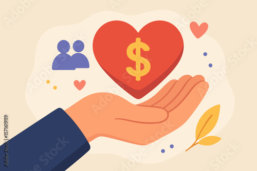Concept of charity and donation. Hand giving heart with dollar sign. Symbol of help, support, community assistance, volunteering, care, love and social sharing illustration.
