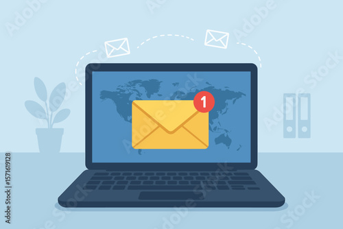 New email message notification on laptop screen. Online business communication and marketing. Inbox with one new unread letter. Global connection concept with world map.