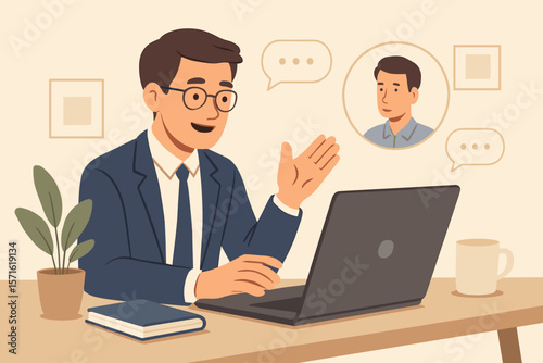 Online video interview, virtual meeting concept. Businessman on a conference call for job recruitment or employment. E-learning webinar, remote work, talk with colleague.