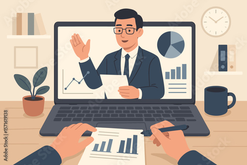 Online business presentation, webinar concept. Man on laptop screen giving a lecture on financial data analysis. Person watches training seminar, remote video conference meeting.