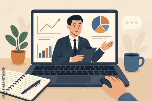 Online business presentation on laptop. Man gives virtual webinar, seminar or conference call. Financial analysis, data report, e-learning and corporate training concept.