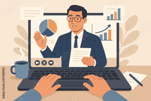Online presentation webinar or conference. Businessman on laptop screen giving a business consultation. Financial expert analyzing data with charts. Remote work e-learning concept.