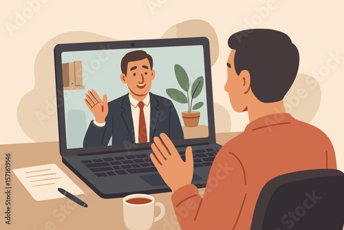 Online video interview or business conference call. Man on laptop screen talking to colleague. Remote work, job recruitment, employment, e-learning, virtual meeting concept.