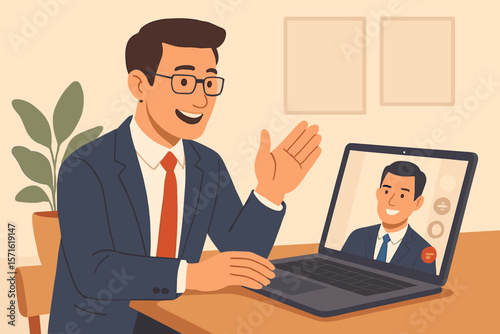 Online video interview with a colleague or job candidate via laptop. Concept for business meeting, remote work, virtual discussion, conference call, e-learning, webinar.