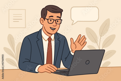 Online video interview or meeting concept. Businessman on a conference call using a laptop. E-learning, job interview, remote work, or virtual discussion with a speech bubble.