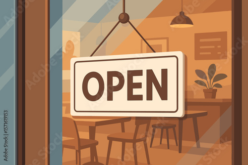 Open sign hanging on a glass door at a cafe or restaurant entrance. Welcome to the shop or store. Small business opening concept. Modern flat vector cartoon illustration.
