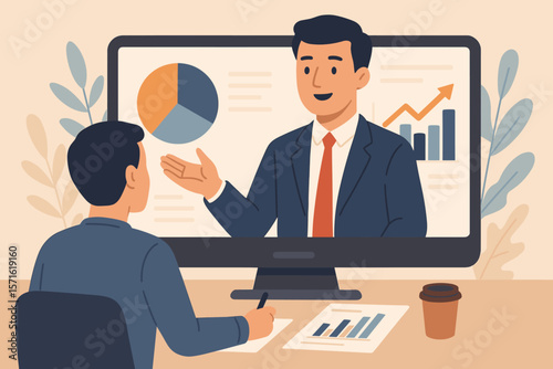Online presentation, webinar concept. Business video conference, e-learning, and remote work. Virtual meeting, online training, seminar with a speaker or coach on laptop screen.