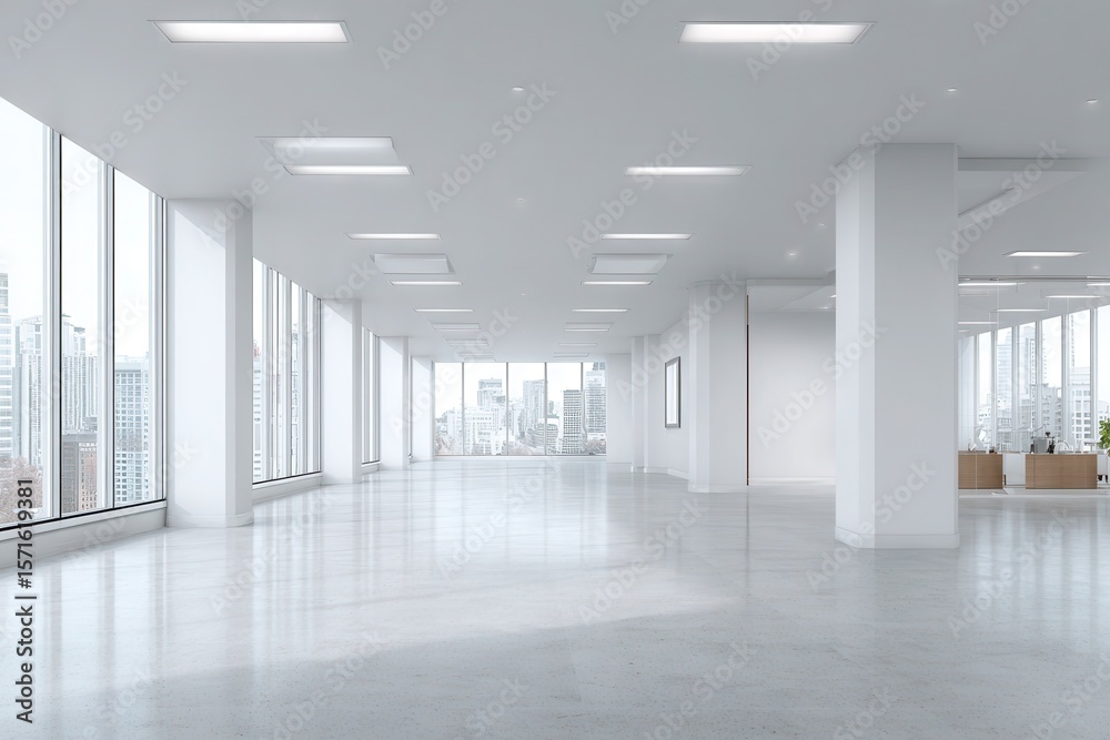 Fototapeta premium Modern empty office interior with expansive city views in the heart of a bustling urban center during daylight hours