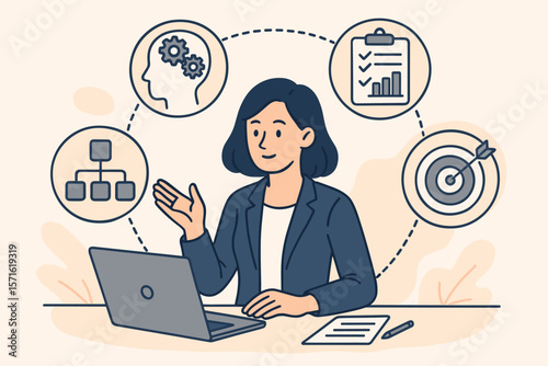 Project manager skill management. Businesswoman at laptop planning workflow. Business development concept with icons for strategy, goals, organization chart, and task list.