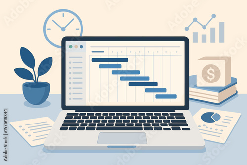 Project management concept with Gantt chart on laptop screen. Business planning, task scheduling, workflow organization. Budget and resource planning for work deadline strategy.