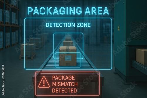 Packaging area detection zone with package mismatch alert on conveyor belt in warehouse environment