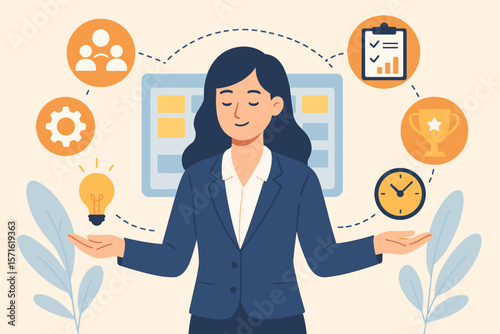 Project manager concept for business success. Businesswoman with skill management, planning, and communication. Workflow process, efficiency, productivity, and time control.