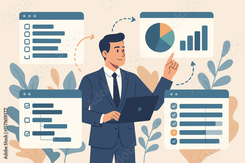 Project management concept. Businessman with laptop analyzes data on a dashboard with charts and graphs. Strategic planning, task completion, and workflow optimization.