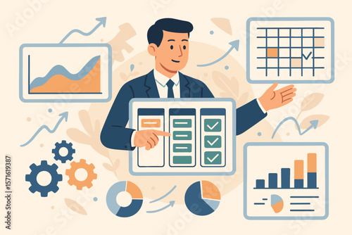 Project management and strategic planning concept. Manager organizing workflow, managing schedule and tasks on a board. Business development with data analysis and growth charts.