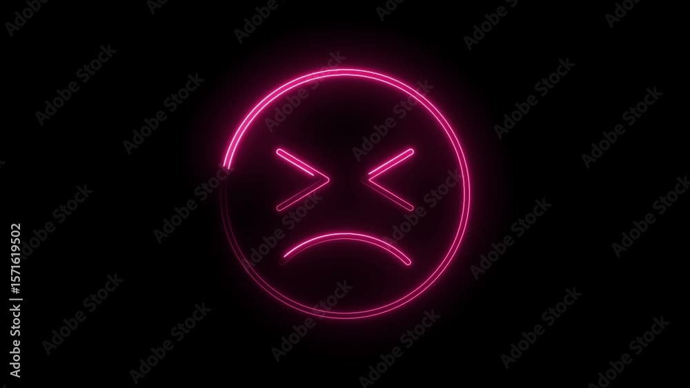 Neon disappointed emoticon on black background pink glowing sad emoji animation Neon disappointed emoticon on black background pink glowing sad emoji animation