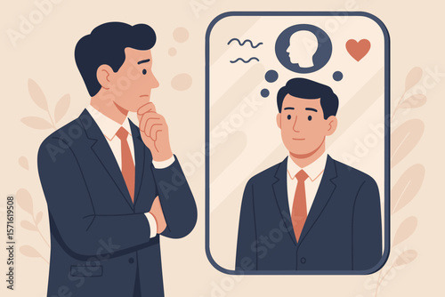 Self awareness concept of a man looking in mirror. Businessman introspecting, self reflection on identity, thoughts, emotions. Psychology, mental health, emotional intelligence.
