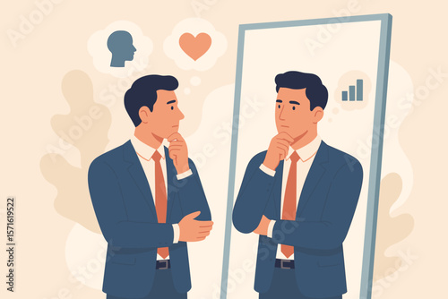 Businessman self-reflection in mirror. Concept of self-awareness, introspection, and understanding different aspects of self. Psychology, identity, personal feelings, career.