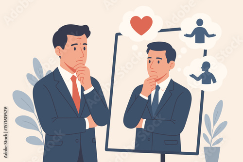 Self-awareness and psychology concept. Businessman looking at reflection, analyzing feelings, behaviors, and identity. Introspection, self-discovery, and mental health metaphor.