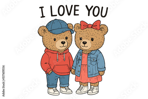 Cute cartoon bears express affection in vibrant colors, showcasing love and friendship with stylish outfits and warm smiles