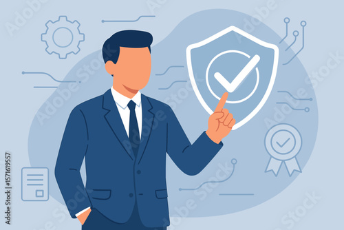 Service guarantee and validation concept for business process automation. Quality assurance management, certification, digital transformation. Businessman touching protection shield.