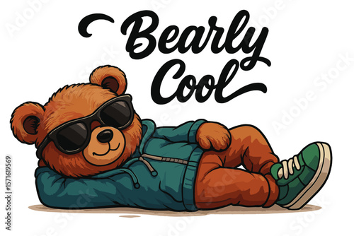 Bear in sunglasses relaxing with stylish outfit and playful attitude, conveying a sense of carefree vibes and fun