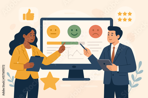 Sentiment analysis on customer feedback. Business team checking brand reputation from positive reviews, social media voice, satisfaction ratings, and opinion survey reports.