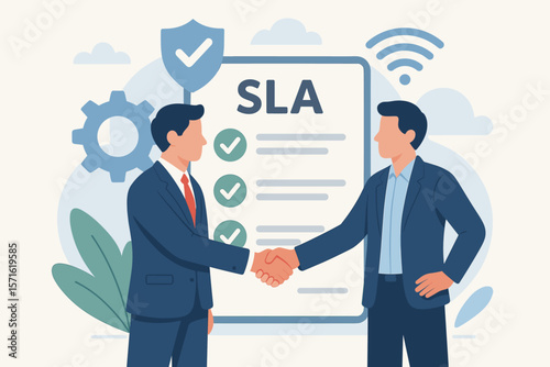 SLA Service Level Agreement concept with businessmen handshake. Support contract commitment for service uptime, availability, and problem resolution. Partnership guarantee and deal.