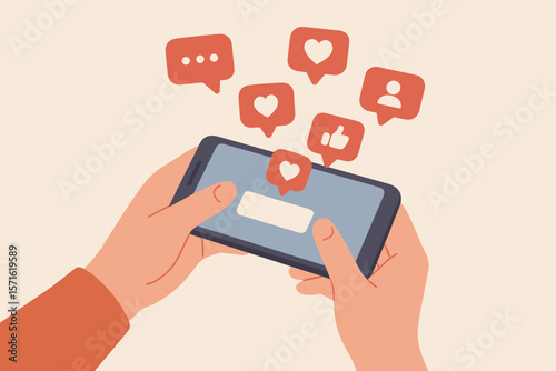 Social media interaction concept. Hands holding mobile phone with notification icons like heart, comment, and follow. Digital communication, online networking, and engagement. Vector.