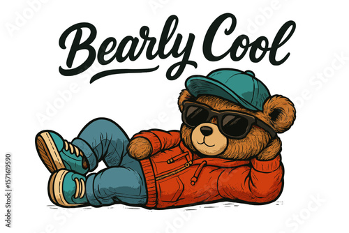 Relaxed bear in sunglasses wearing stylish clothing on a white background showcasing a cool attitude