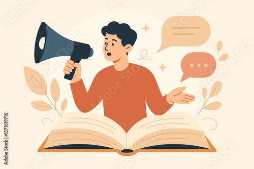 Storytelling to communicate a brand story. Man with megaphone speaks from an open book. Narrative message for content marketing, advertising creativity, or public relations.