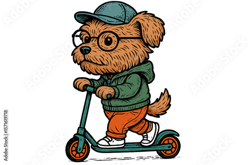 Dog riding a scooter wearing glasses and a cap in a playful urban setting