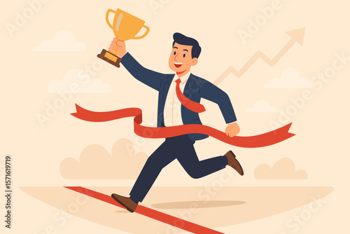 Success concept with businessman running and crossing the finish line. Happy employee holding a golden trophy. Metaphor for career achievement, business victory, and goal accomplishment.