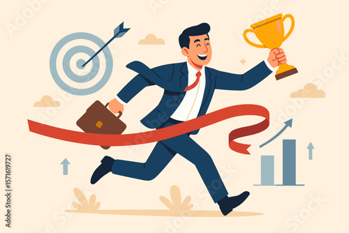Success winning businessman crossing finish line with trophy. Business victory concept. Career growth, goal accomplishment, and achievement. Corporate employee reaching target.