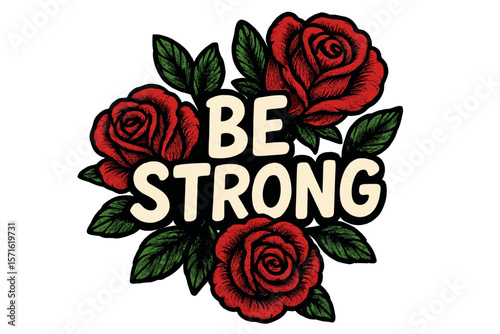 Inspirational design featuring bold text and vibrant roses promoting strength and resilience