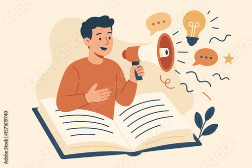 Brand storytelling concept. Man with megaphone communicates narrative from book. Content marketing, advertising creativity, and sharing ideas. Article writing and message.