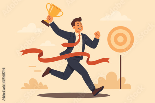 Businessman success concept illustration. Happy man in suit running, crossing the finish line with a gold trophy. Business victory, career goal, and target accomplishment.
