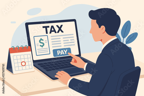 Online tax payment concept. Man in suit at computer filing income tax return. Financial accounting and e-filing service. Tax day deadline with calendar on desk. Vector.