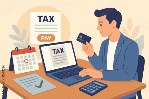 Online tax payment concept with man filing income tax return on laptop. Businessman using credit card for financial duty. Accounting paperwork, calculation and deadline vector.