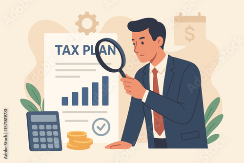 Tax planning and financial strategy for optimization, reduction, or refund. Businessman with magnifying glass analyzing income and revenue report for taxation calculation.