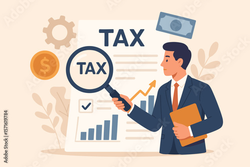 Tax planning, financial strategy for tax optimization, reduction or refund. Income or revenue management, taxation calculation concept. Businessman with magnifying glass.